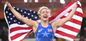 Helen Maroulis with American flag