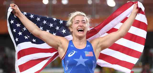 Helen Maroulis with American flag
