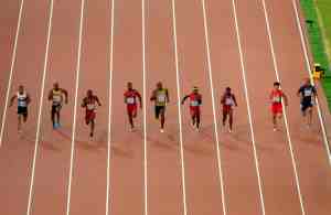 Track sprinters in the midst of a race