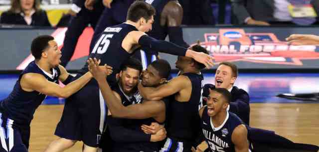 Basketball team celebrating march madness win