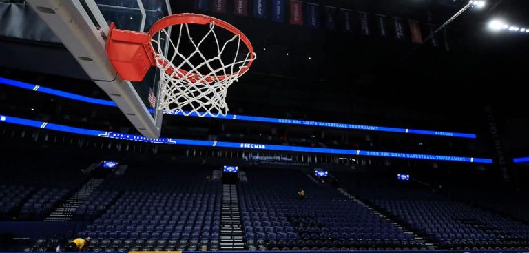 Basketball hoop in an empty arena