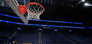 Basketball hoop in an empty arena