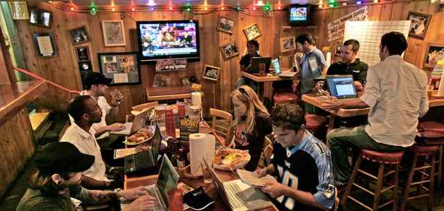 sports fans having dinner