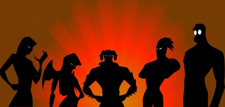 silhouettes of villainous figures on a red background