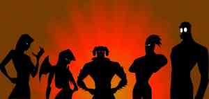 silhouettes of villainous figures on a red background