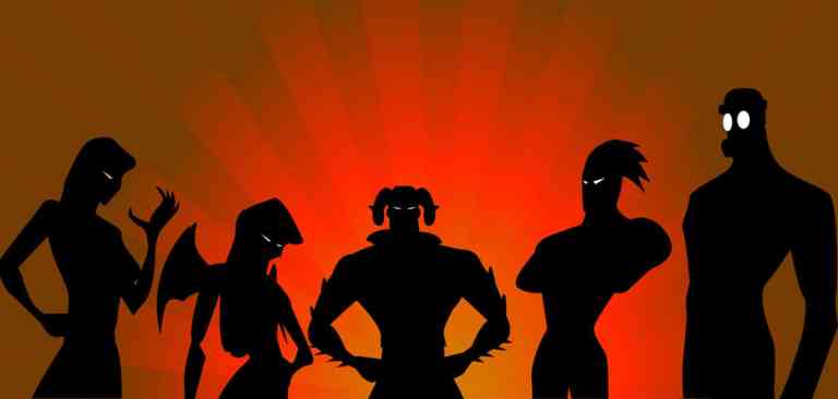 silhouettes of villainous figures on a red background