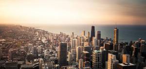 Chicago skyline with morning sunrise