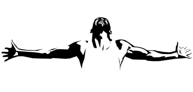 black and white drawing of man with arms outstretched