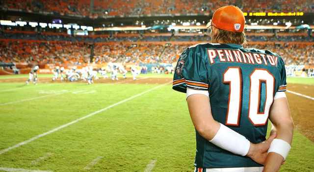 Chad Pennington, american football player, stares out at the field