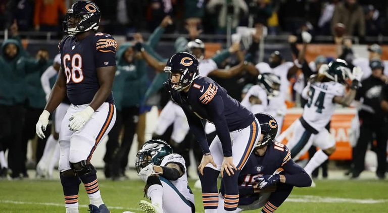 Cody Parkey, Chicago Bears kicker, hunched over with disbelief