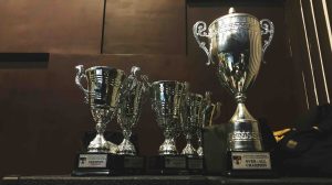 shelf with trophies