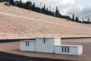 three old podiums outside