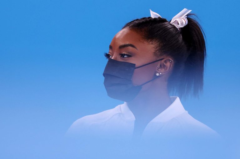 Gymnastics – Artistic – Olympics: Day 4 Profile picture of Simone Biles in front of powder blue background