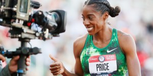 Female track athlete in front of a camera