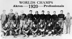 Portrait of the Akron Professionals, the first NFL champions, 1920. The team was led by All-America halfback Fritz Pollard (first row, far right), who in 1921 became the first African-American coach in NFL history. The NFL was formed in 1920 as the American Professional Football League (APFA) and was renamed the National Football League in 1922. (Photo by Bruce Bennett Studios via Getty Images Studios/Getty Images)