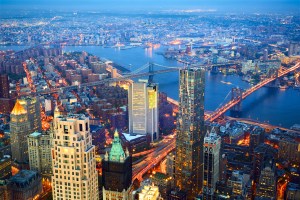 New York City Aerial view of New York City skyline with Three Bridges at dusk