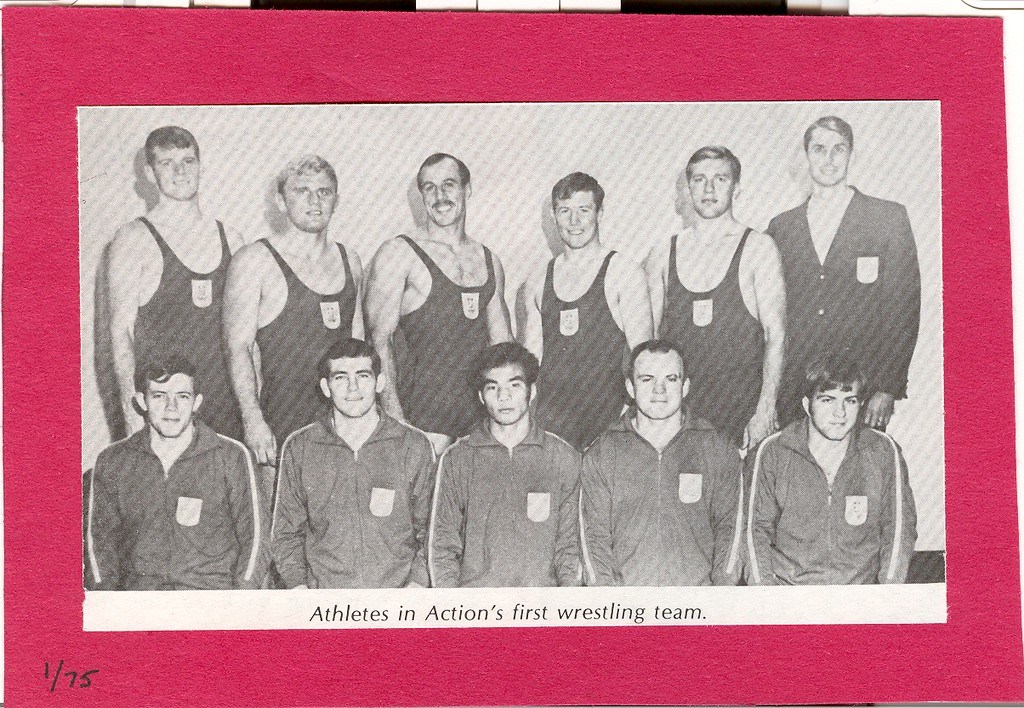 Vintage print of the first Athletes in Action wrestling team, 1968