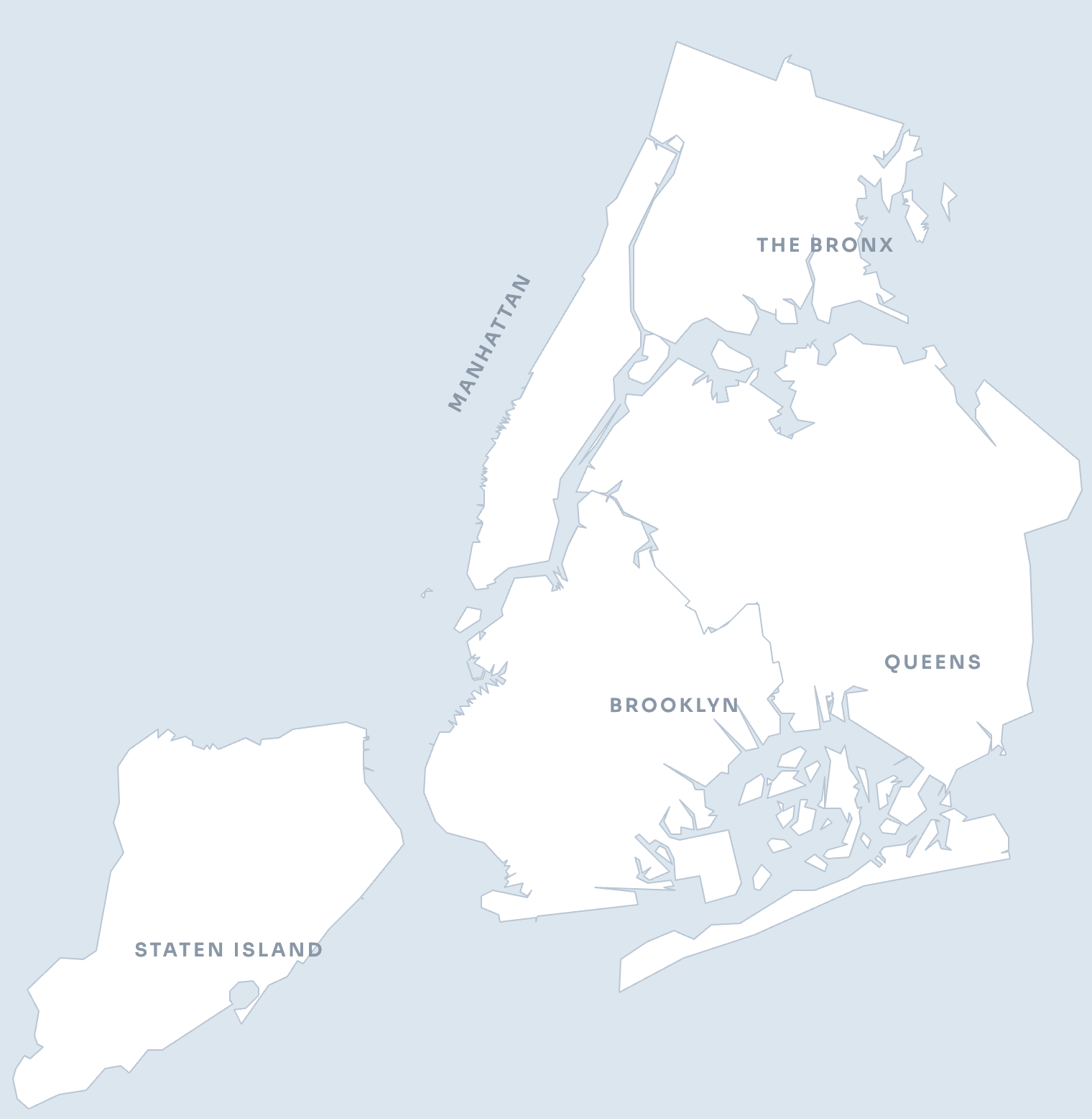 Map of New York City's five boroughs with a pin for each college