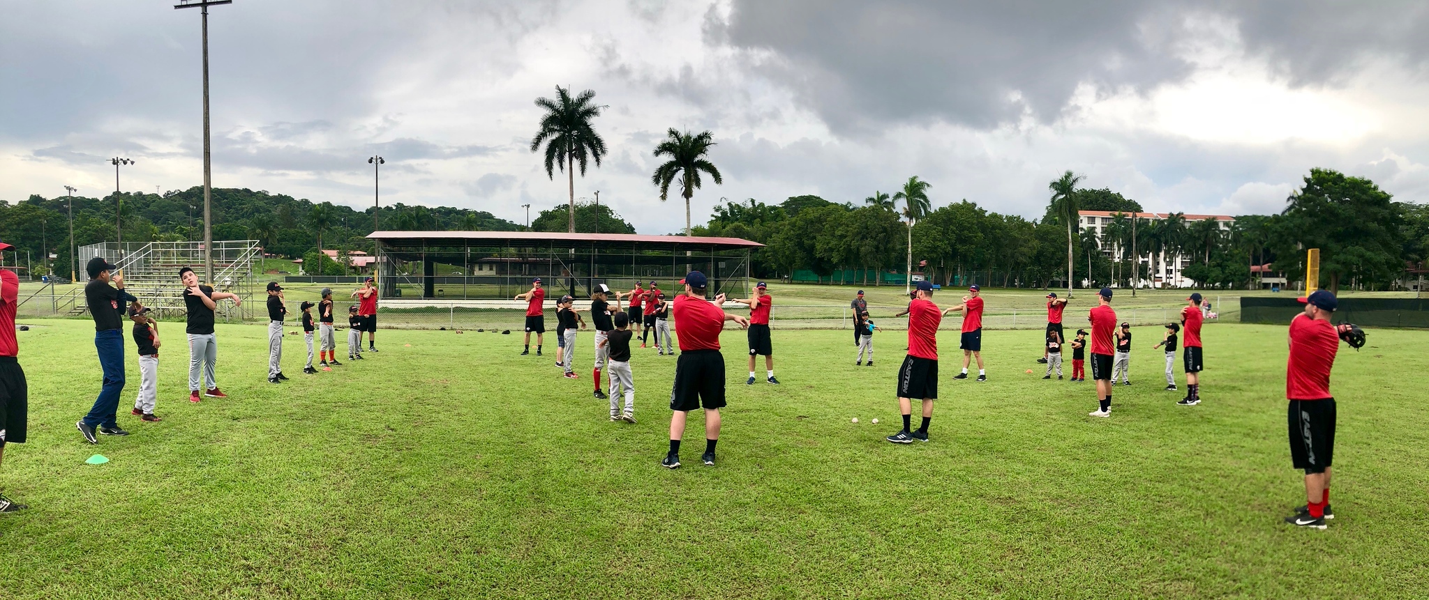 AIA Baseball players leading a youth baseball clinic on a field lined with palm trees
