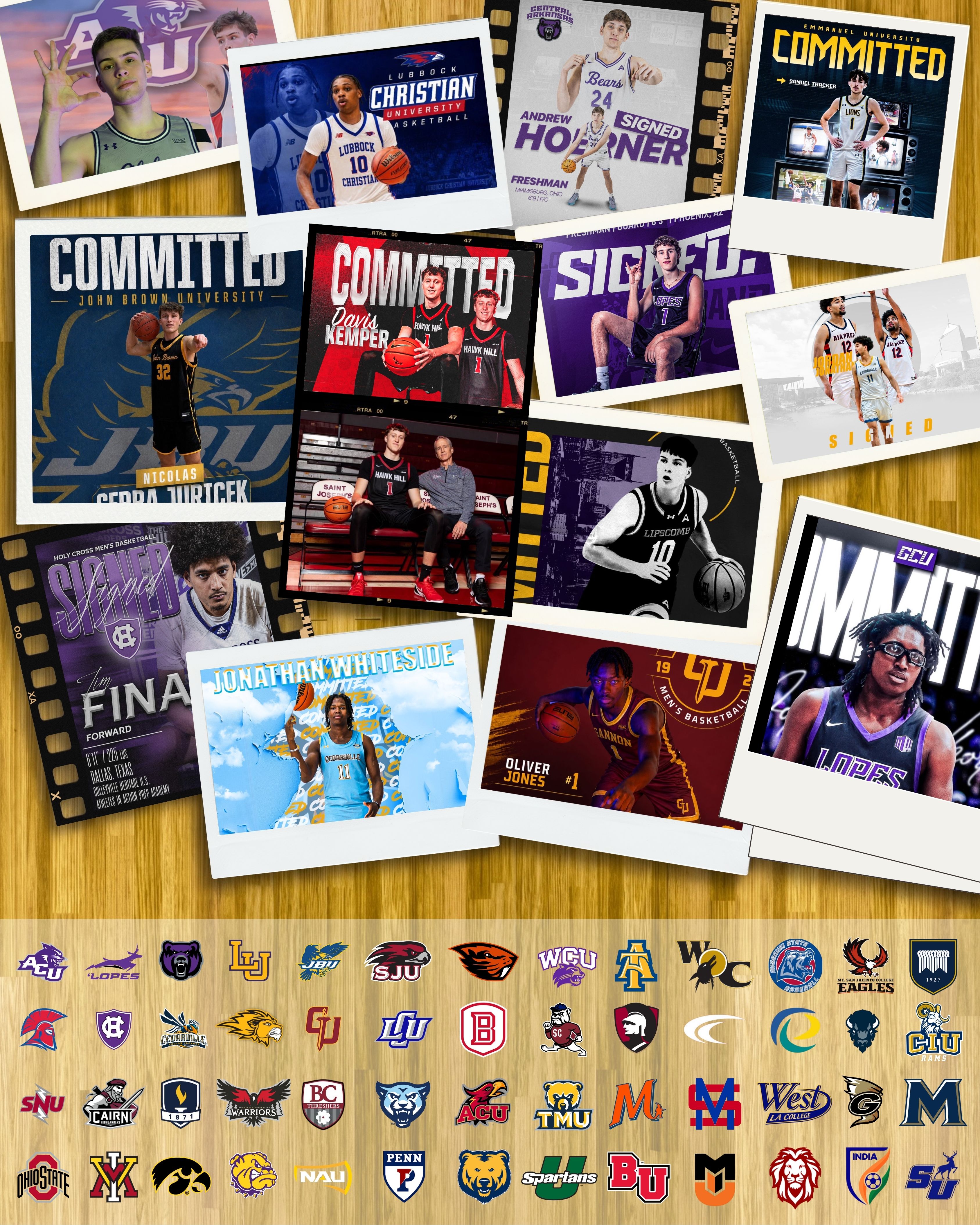 Collage of AIA Prep players who committed or signed with college basketball programs, with the logos of schools where alumni have played